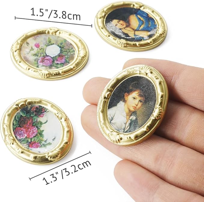 Odoria Dollhouse Wall Art Miniature: 1/12 Scale Framed Picture Oval for Victorian Vintage Living Room - Mini Painting Golden Antique for Gallery - Tiny Portrait Flower Artwork Paper 4Pcs