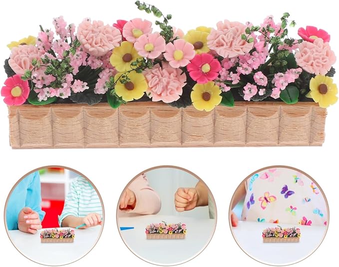 FELTECHELECTR Miniature Wooden Flower Pot Model 1 12 Scale Dollhouse Accessory Colorful Clay Plants for Dollhouse Window Boxes and Decor
