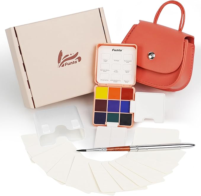 Funto Mini Watercolor Set Travel Kit with 9 Colors, Leather Bag & Watercolor Paper, Portable Drawing & Painting Supplies for Beginners, Art Gift Set