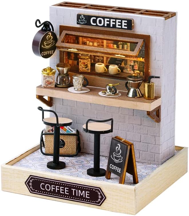 CRIOLPO DIY Doll House Miniature Kit, Handmade 3D Miniature Doll House with Furniture, Inventive Room DIY Dolls House, for Home DéCor - Coffee Time
