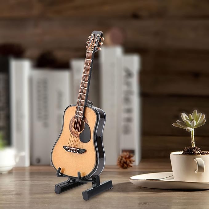 Miniature Guitar Model, Wooden Mini Guitar with Stand and Case, 3.95in Dollhouse Guitar, Musical Instrument Model Home Decor(10CM)