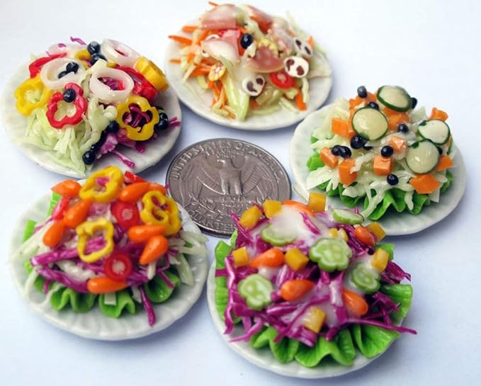 5 Assorted Salad with Plate for Dollhouse Miniature Food 1:6 Scale Realistic Clay Food for Dollhouses, Doll Accessories (A)