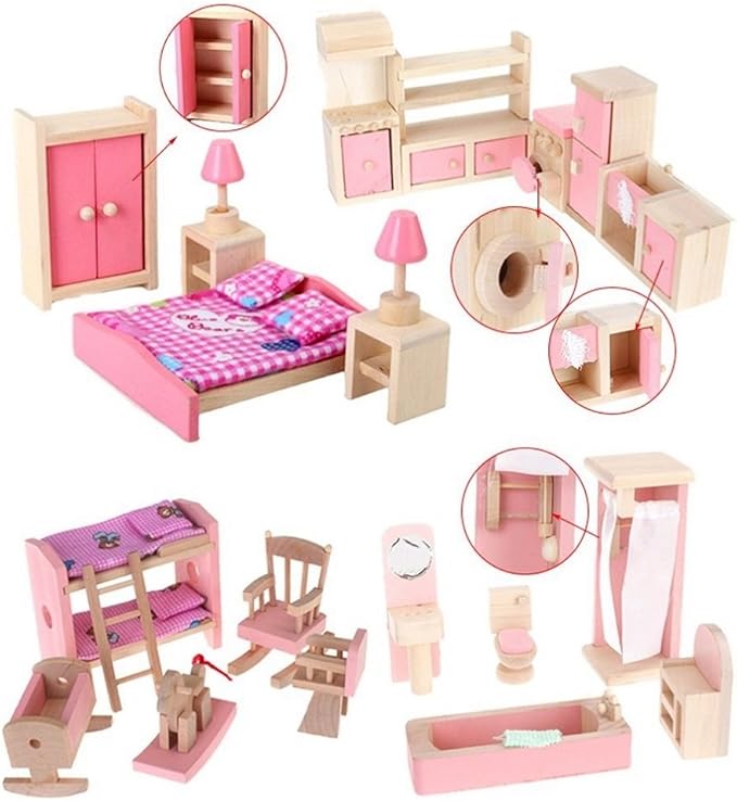 KunHe Wooden Dollhouse Furniture Set Including Kitchen Bathroom Bedroom Kid Room for Dollhouse Pink Color