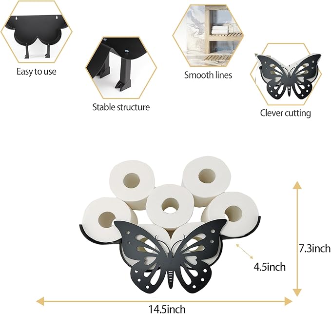 Cow Decorative Toilet Paper Holder Shelf, Cute Funny Tissue Iron Storage Stand Rack Iron Roll Paper Storage Bathroom Kitchen Accessories (Butterfly)