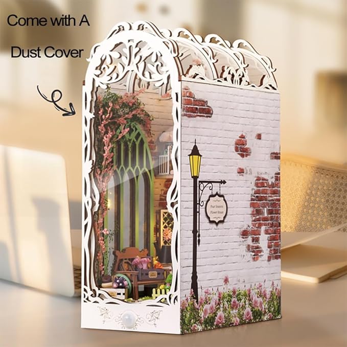 DIY Book Nook Kit - Miniature Dollhouse Booknook Kit for Adults,Teens, 3D Wooden Puzzle Bookend Bookshelf Deco, Christmas Birthday Gift, Flower House