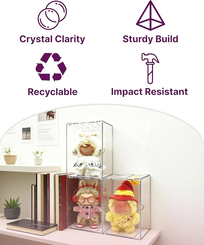Clear Acrylic Display Case for Mini Figures, 6.7" Stackable Front-Open Box, Fits for Labubu, Molly, Crybaby, SKULLPANDA, Sonny Angel, Stitch, Dimoo, Hirono, Twinkle Twinkle, Sanrio & more Collectibles