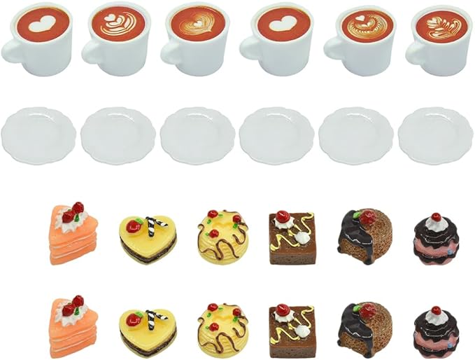 24 Pcs Miniature Dollhouse Food Set Small Resin Coffee Mugs Plates Mini Cake Desserts Tiny Doll House Coffee Cups Dollhouse Kitchen Decorations for Adults Teenagers