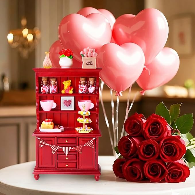 24Pcs Valentines Dollhouse Miniatures Decorations 1:12 Scale Mini Romantic Wooden Bookshelf Furniture Set Tiny Bottles Flowers Chairs Cups Valentine's Day Decor
