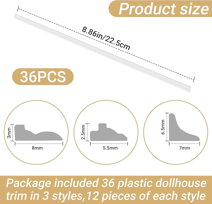 36 Pcs Miniature Dollhouse Trim, Dollhouse Accessories 3 Styles on 1: 12 Scale 8.86'' Long Plastic Dollhouse Trims Finishing Corner