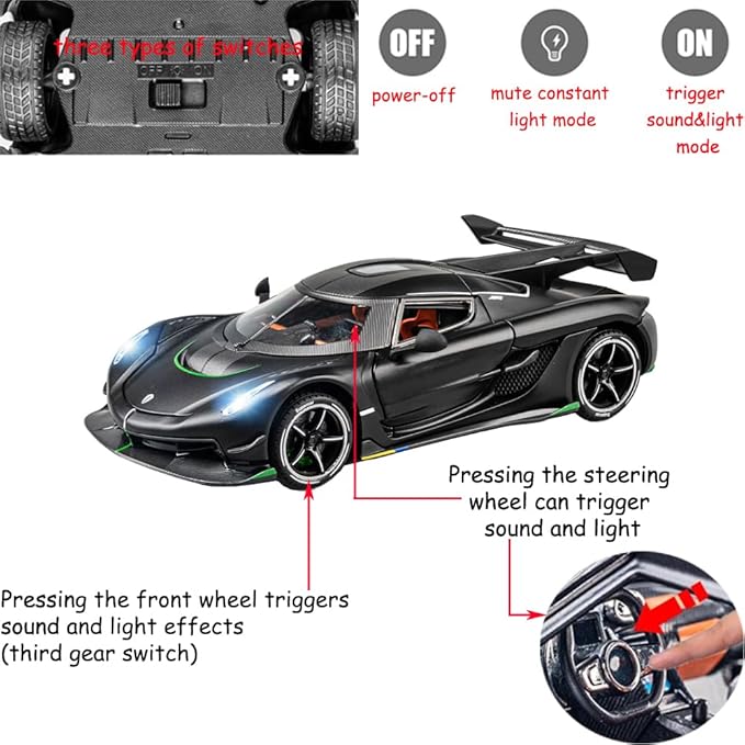 Toy Cars Model Jesko 1/24 Black Alloy Collectibles Die-cast Vehicles with Sound and Light