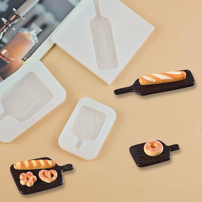 3Pcs Mini Wood Grain Tray Shape Resin Silicone Molds 3D Tiny Tray Epoxy Casting Molds for DIY Micro Resin Dollhouse Fairy Garden Kitchen Miniatures Landscape Decor