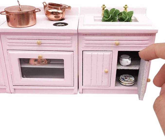 SXFSE Dollhouse Decoration Accessories,1:12 Dollhouse Miniature Furniture Wooden Kitchen Cabinet Set Freely Combined (Pink)