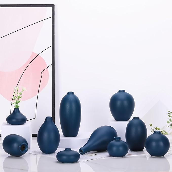 Ceramic Bud Vase Set of 10 - Blue mini Bud Vases in Bulk Dining Table Centerpieces, Cute Bulk Small Flower Vase for Pampas Grass&Single Flower Decor, Ideal Wedding Window Sill Aesthetic Desk Decor