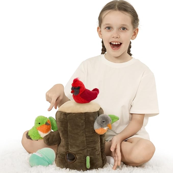 5Pcs Bulk Bird Stuffed Animal Set, Tree House Plush with 3 Small Bird Plushies(Robin, Hummingbird, Northern Cardinal) & 1 Egg, Magnetic Stuffed Tree Toys for Kids,Birders