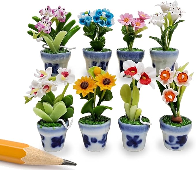 WitnyStore Tiny 2" High 8 Pieces Set Mix Hand Made Artificial Flowers Realistic Colorful Miniature Modelling Clay Flower Pots Brilliant Variety of Imitation House Plant Species Home Decoration