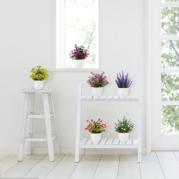 Yoratee Artificial Small Plant 6pcs Fake Flower Potted Plant Bathroom Faux Plant for Indoor Decor Window Tabletop Office Colorful Flower