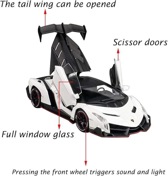 Alloy Collectible 1/24 White Lambo Veneno Toy Pull Back Vehicles Diecast Cars Model with Light & Sound