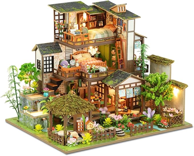 Yuzhen DIY Miniature Dollhouse with Furniture and LED Lights, Japanese Style Wooden Dollhouse Includes Dustcover and Music Movement, Exquisite Home Decor