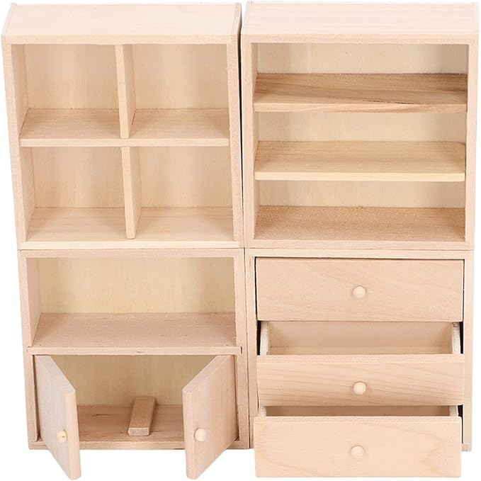 4 Pcs 1/12 Doll House Cabinet Set Simple Design Practical Lifelike Miniature Wooden Dollhouse Furniture Cabinet