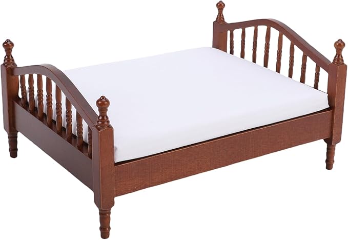 Keenso Dollhouse Miniature Bed, Vintage Wooden Dollhouse Bed Furniture, 1:12 Scale Accessory for Bedroom Display