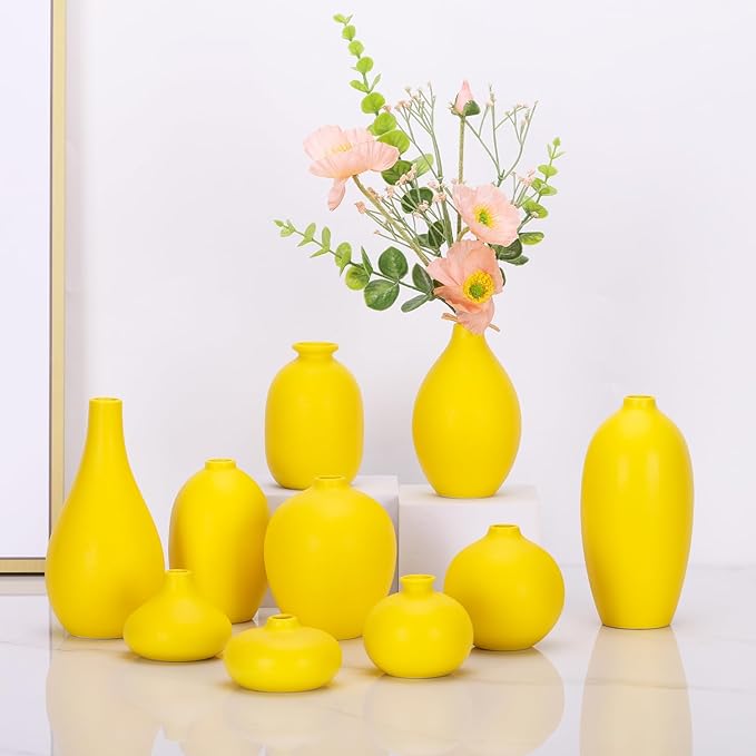 Ceramic Bud Vase Set of 10 - Yellow mini Bud Vases in Bulk Dining Table Centerpieces, Cute Bulk Small Flower Vase for Pampas Grass&Single Flower Decor, Ideal Wedding Window Sill Aesthetic Desk Decor