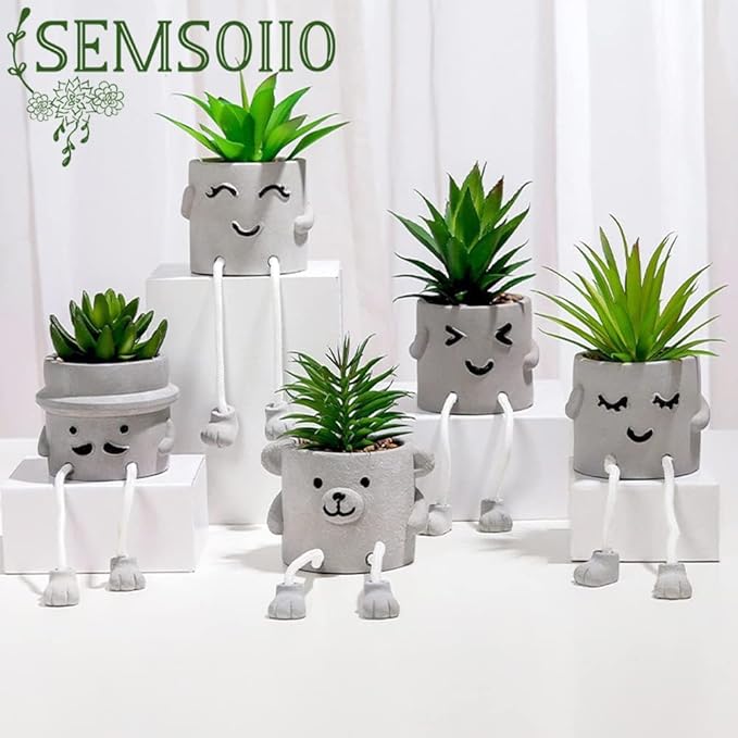 SEMSOIIO 3 Pcs Aesthetic Faux Succulents with Dangling Legs Small Fake Plants in Face Pots Kawaii Shelf Sitters Unique Office Gifts for Women and Coworkers Grey