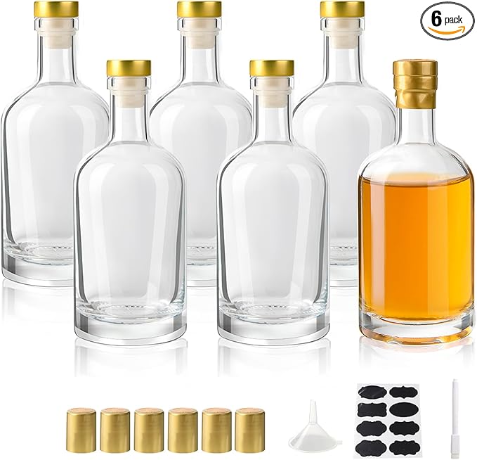 BPFY 6 Pack 12 oz (375ml) Clear Glass Liquor Bottles with T-Top Cap, Heat Shrink Capsules, Vodka Bottles for Wine, Kombucha, Syrup, Beverages, Drinks, Oil, Vinegar