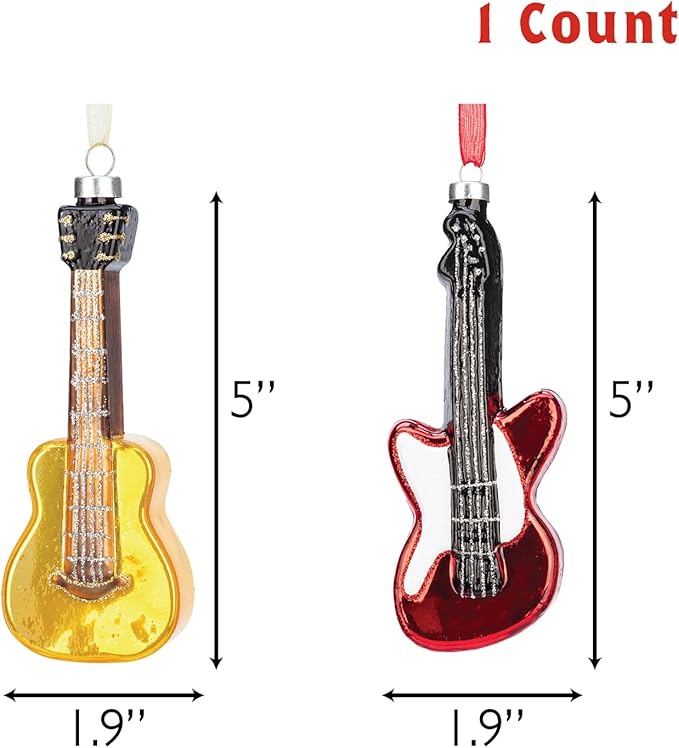 Every Day is Christmas Glass Blown Ornaments Cute Hand Made Figurines Tree Decoration, Set of 2 Guitar