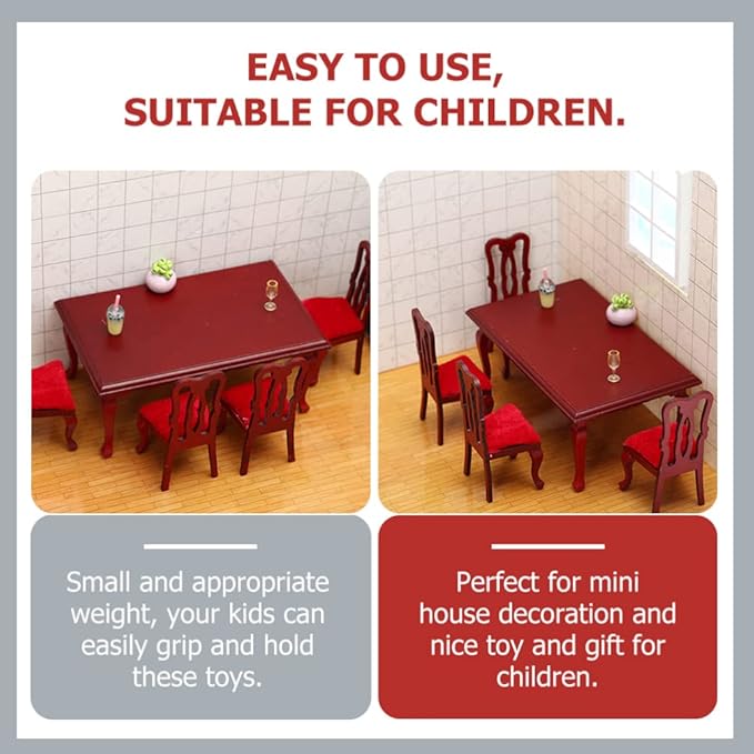 Vintage Dollhouse Furniture Miniature Table and Chairs Set 1/12 Scale Accessories Wood Mini Victorian Dining Chair Set Red Kitchen Decorations Model