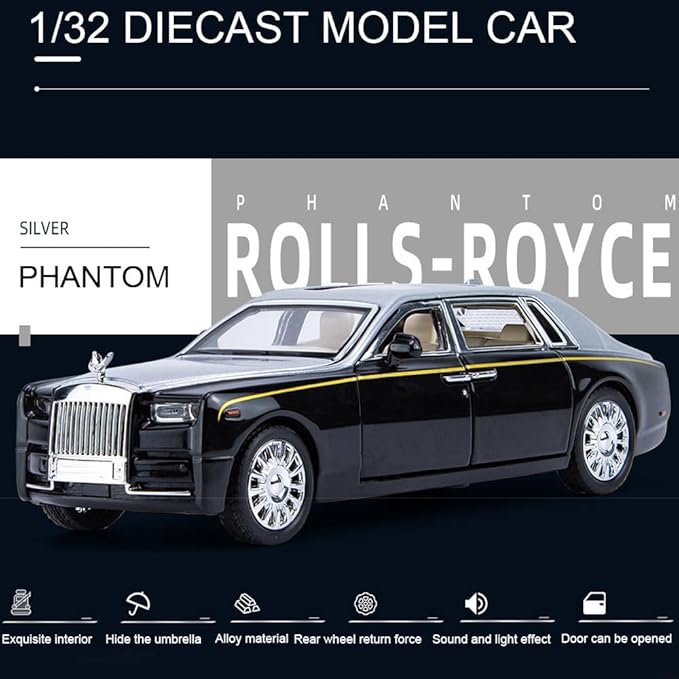 EROCK Alloy Collectible Rolls-Royce Phantom Model Toy Car, 1/32 Scale Diecast Car Model Pull Back Vehicles Phantom Toy with Sound & Light, Car Logo Can be Folded 1/32 Phantom Black-Silver
