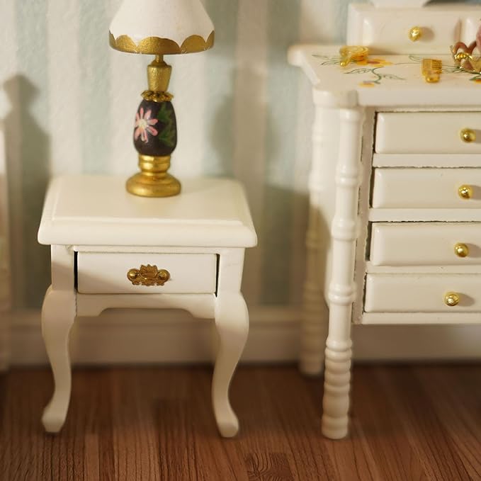 Miniature Furniture 1:12 Bedside Table Dollhouse Accessories Wooden Nightstand Vintage Living Room Bedroom Scene Bedroom Bedsides End TableHouse Model Decoration (White)