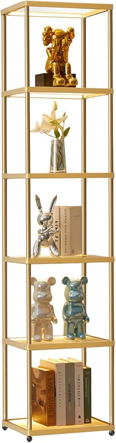 MANBUR Display Shelf with Dimmable LED Floor Lamp, Display Cabinet with Glass Bookcase, Home Decor, Bedroom Decor, Bookshelf with Light, Open Book Shelf with 5-Tier Shelf for Living Room Decor Gold