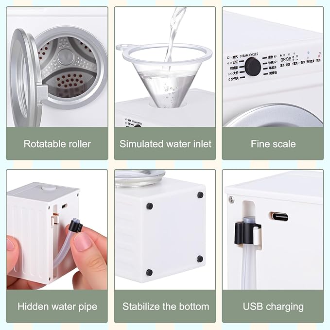 Abaodam Miniature Electric Washing Machine Mini Realistic Washer Machine Toy Rechargeable Rotatable Features for Dollhouse Accessories Play Miniature Stuff Decoration
