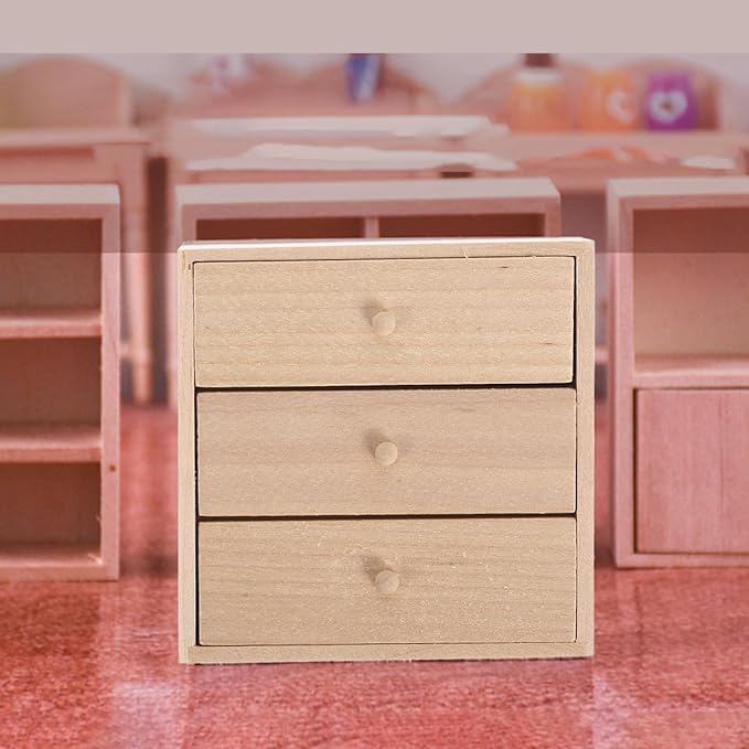 Toyvian Mini Doll House Cabinet 1 12 Scale Wooden Miniature Storage Cabinet with 3 Drawers for Dollhouse Bedroom Living Room Kitchen Furniture Decor