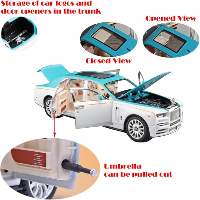 Toy Car Rolls-Royce 1/24 Blue Phantom Alloy Collectibles Diecast Vehicles Model with Sound and Light