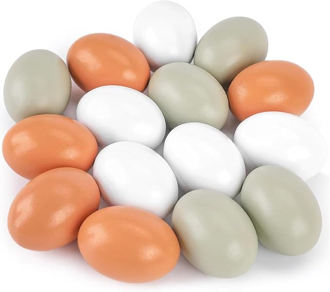 POPLAY 15PCS Wooden Fake Eggs, 3 Colors Wooden Chicken Eggs Faux Eggs for DIY Crafts Egg Painting Chicken Coop