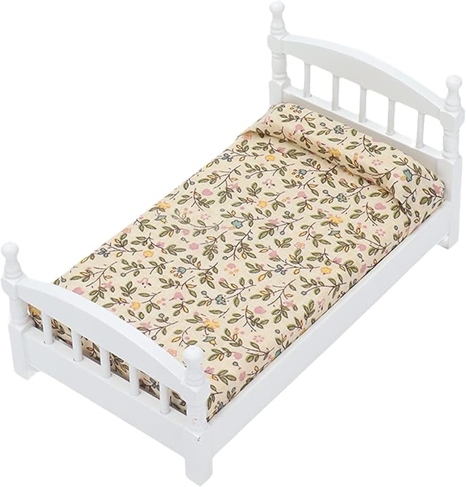 Wooden Doll House Bed 1: 12 Scale Miniature Bedroom Furniture Set with Mattress Pillows
