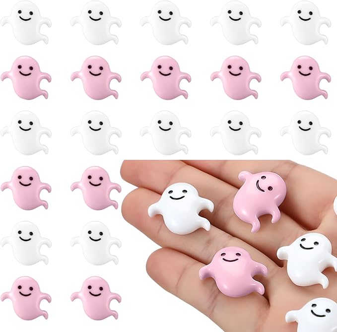Giegxin 60 Pcs Halloween Miniatures Ghost Charms Flatback Mini Ghost Decoration Small Artificial Halloween DIY Craft for Party Dollhouse Hair Clips Vase Fillers Accessories(Pink,1.1 Inch)