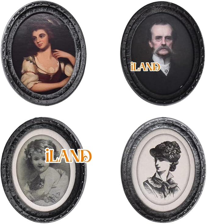 iLAND Miniature Dollhouse Accessories, 4 Dollhouse Picture Frames Set w/Printed Paintings (4 Dark Brass Oval Frames w/ 4 Portraits)