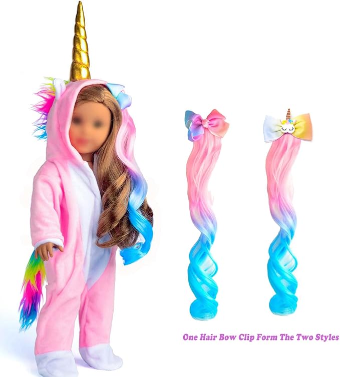sweet dolly 18 Inch Doll Clothes Unicorn Onesie Pajamas Rainbow Color Hair Bow Clips Costume Fits 18 Inch Doll (Doll Not Included)