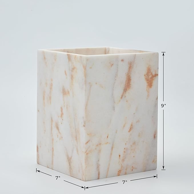 Elegant White Gold Marble Wastebasket Trash Can, 7" X 7" X 9" Rectangular Trash Can with Natural Veining, Marble Basket for Bathroom, Bedroom, Powder Room