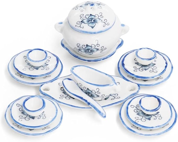 Odoria 1/12 Miniature Dish Dinnerware Set 17Pcs Dollhouse Decoration Accessories, Blue Petals