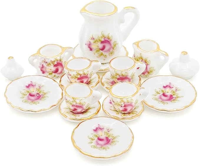 Odoria 1/12 Miniature Porcelain Tea Set 15Pcs Dollhouse Decoration Accessories, Pink Rose