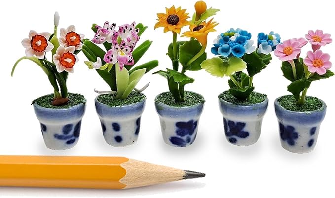 WitnyStore Tiny 1½" High 5 Pieces Set Mix Sunflower Orchid Hydrangea Zinnia - Hand Made Artificial Flowers Colorful Miniature Realistic Clay Flower Plant Pots Blooming House Plants Indoor Decoration