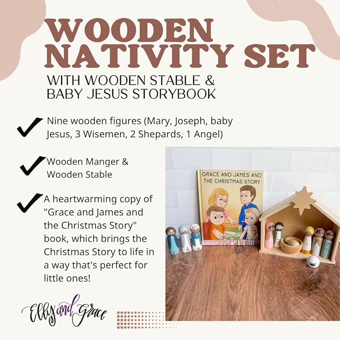 Elly and Grace Wooden Nativity Set with Manger and Book, Christmas Decoration and Book for The Holiday Season,Christmas Nativity Set