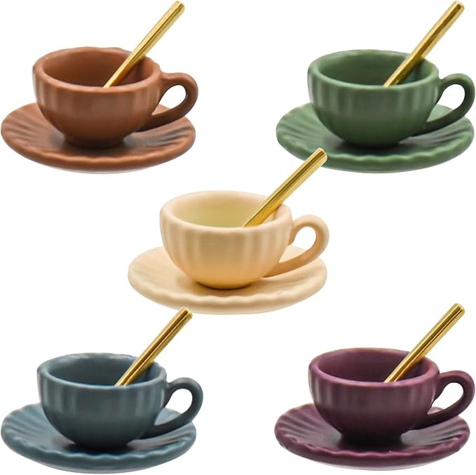 5 Set Dollhouse Miniature Coffee Cups Miniature Dollhouse Accessories 15 Pieces Mini Coffee Cup Plate Spoon for Mini Kitchen Accessories