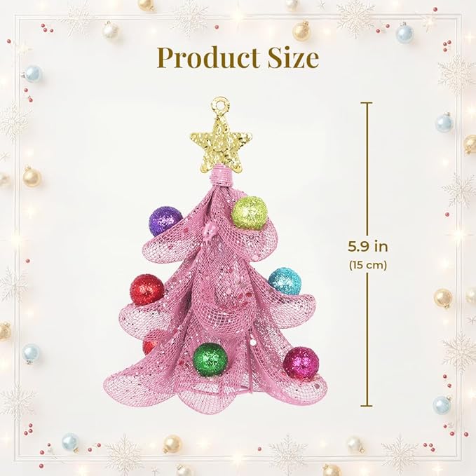 XMIAOX Mini Metal Christmas Tree, 5.9" Handcrafted Wire Mesh Tree Tabletop Hanging Ornament with Star Tree Topper & Colorful Glitter Balls, Sparkling Holiday Decoration for Desk, Shelf & Home Décor