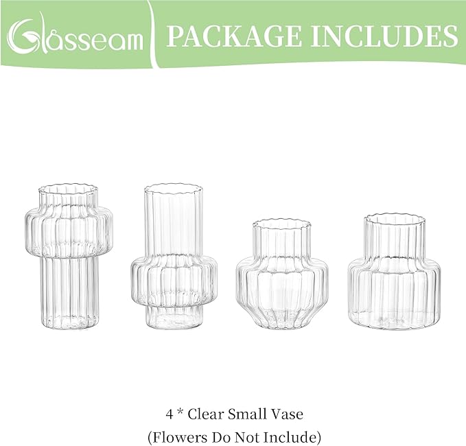 Glasseam Glass Bud Vases for Centerpieces: 4Pcs Clear Small Vase for Flowers Wedding Table Centerpieces - Modern Mini Decorations for Cute Vintage Home Living Room Decor