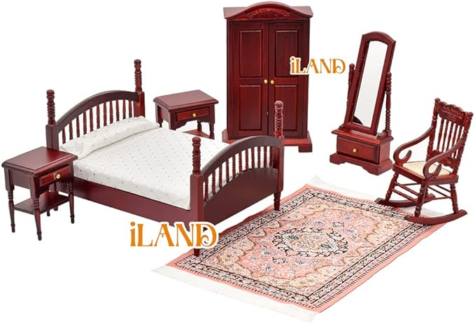 iLAND Vintage Dollhouse Furniture 1/12 Scale, Dollhouse Bedroom Furniture in Mahogany Color incl Dollhouse Bed & Mirror Full Length & Wardrobe & Bedside Table & Rocking Chair (Brewster 7pcs)
