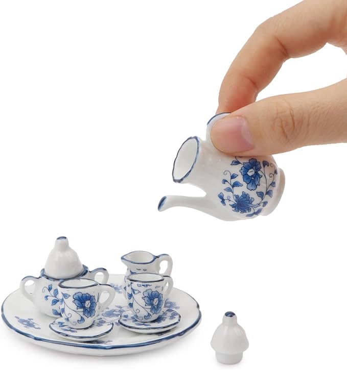 Dollhouse 1:6 Porcelain Tea Cup Sets 8 Pcs Set Miniature Ceramics Dollhouse Accessories Flower Pattern Teapot Platter Dish Sets Dollhouse Kitchen Supplies Decoration (Blue Flower)